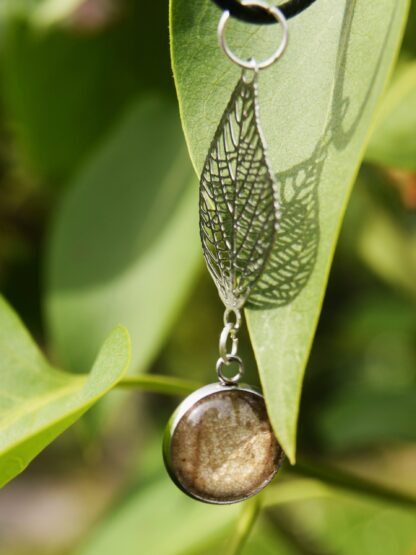 Zweiteiliger Edelstahl-Anhänger mit Blattskelett – 12 mm Glascabochon & filigraner Blatt-Charm (50 mm Länge) – Bild 3