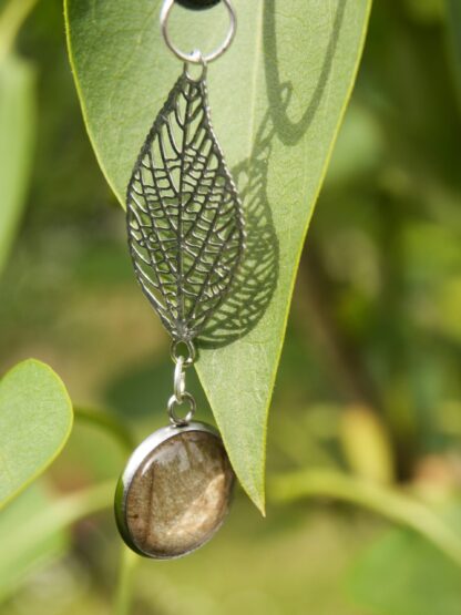 Zweiteiliger Edelstahl-Anhänger mit Blattskelett – 12 mm Glascabochon & filigraner Blatt-Charm (50 mm Länge) – Bild 2